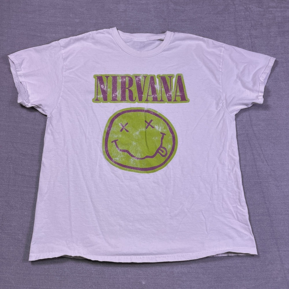 Nirvana Unisex White Short Sleeve Smile Face Iconic Logo Graphic T-Shirt Size XL